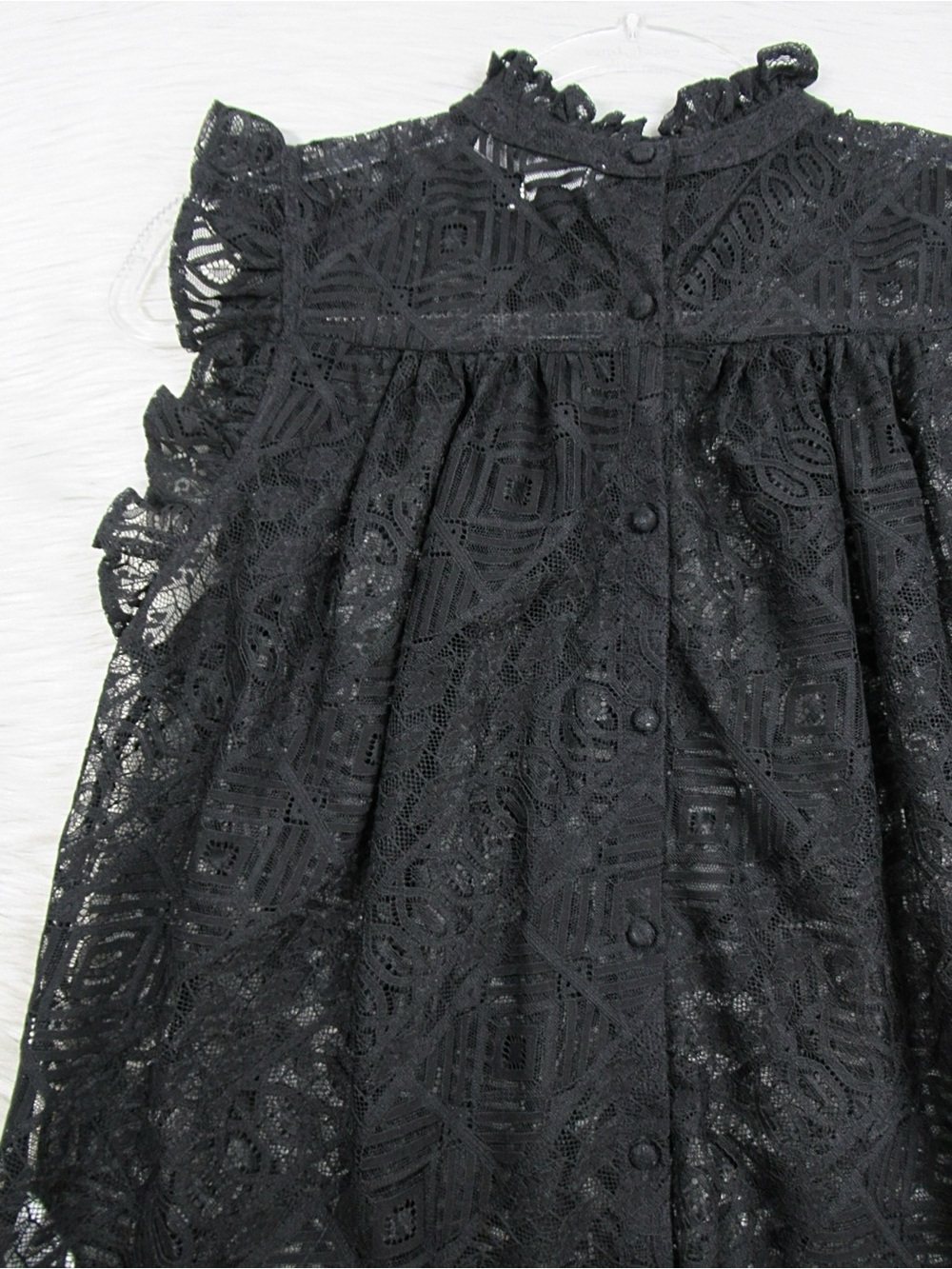 FRAME Mock Neck Geo Lace Sheer Ruffle  Sleeve Button Back Blouse - Size Medium - Picture 8 of 12
